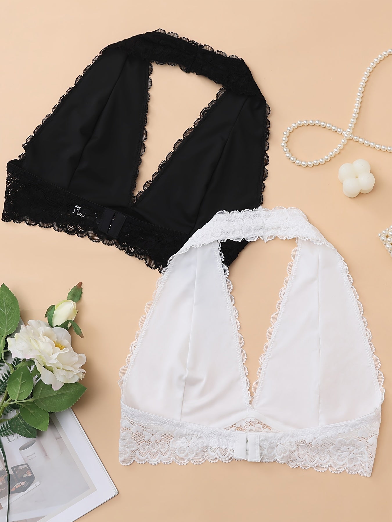 2pcs Solid Lace Halter Bras - Comfy, Breathable Women's Lingerie