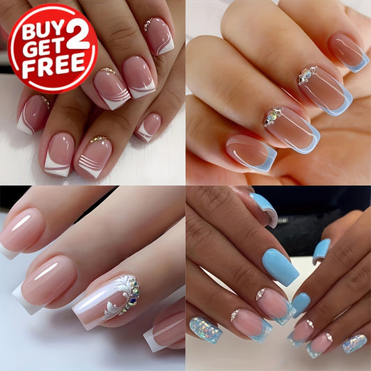 4 Packs (96 Pcs) French Tip Glitter Sequin Rhinestone Press On Nails - Medium Square, Mixed Pink, Adhesive Tabs & File for Women