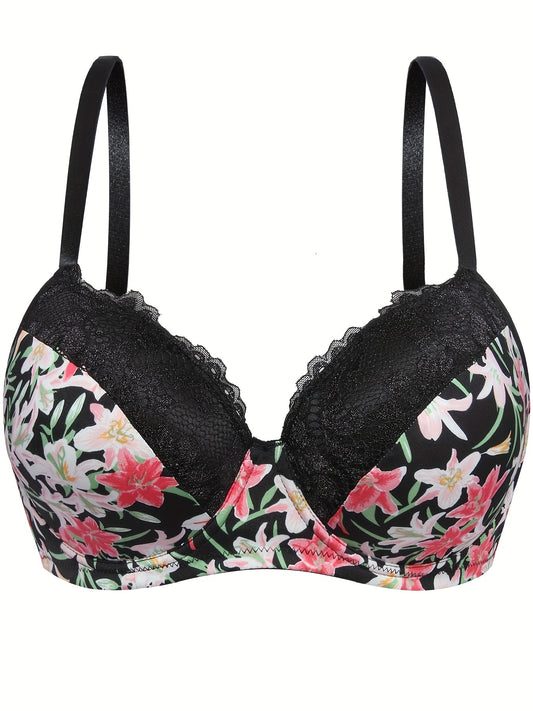 Sexy BH in Übergröße mit Blumenmuster, kontrastierendem Spitzenbesatz und geformten Bügel-Cups