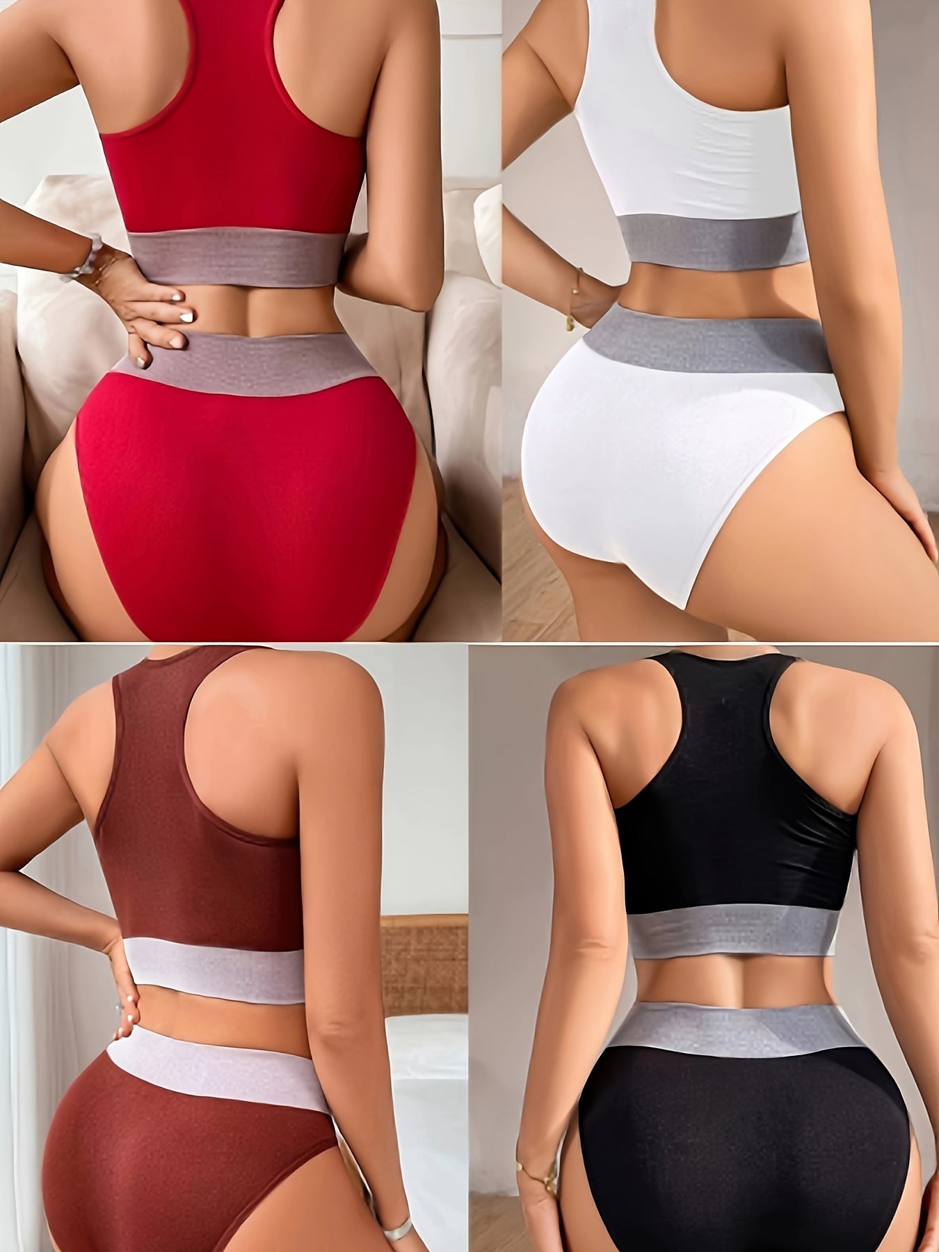 4 Sets Women's Sporty Color Block Seamless Racer Back Tank Bra & Panties - Fitness, Yoga, Everyday Wear