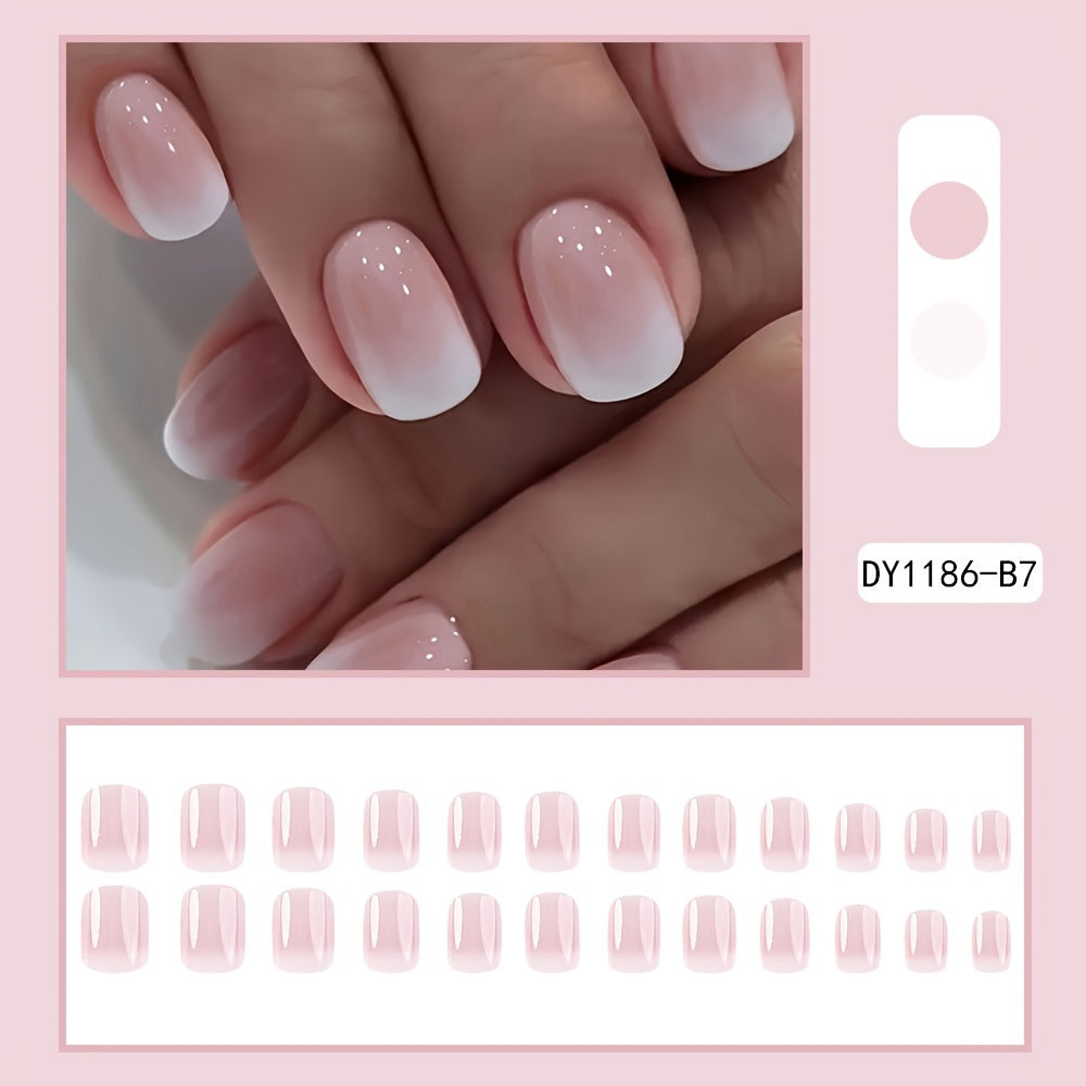 24 Pcs Gradient French Tips Press-On Nails, Glossy Short Squoval Acrylic Artificial Nails, Pink And White Reusable Fake Nails Set With Adhesive Tabs