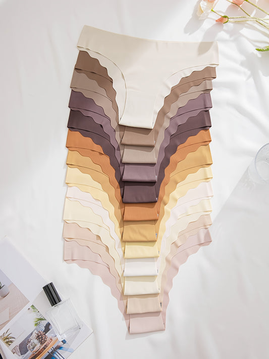 12pcs Solid Scallop Trim Seamless Low Waist Women's Briefs - Soft, Comfy & Stretchy Underwear