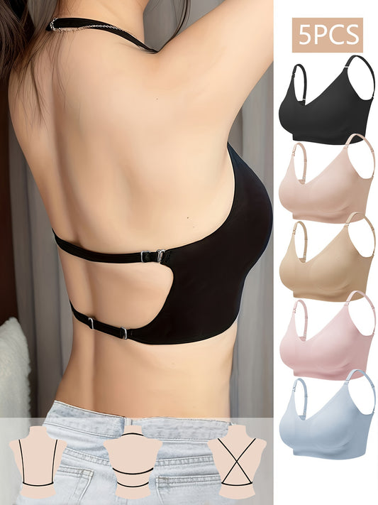 5-Pack Women's Seamless Backless Crop Tank Top Sports Bra - Wire-Free, Invisible, Adjustable Straps