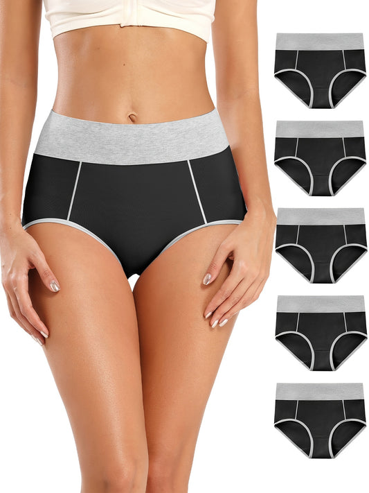 5 Pack Women's Plus Size Sporty High Waisted Comfy Briefs Set with Contrast Trim