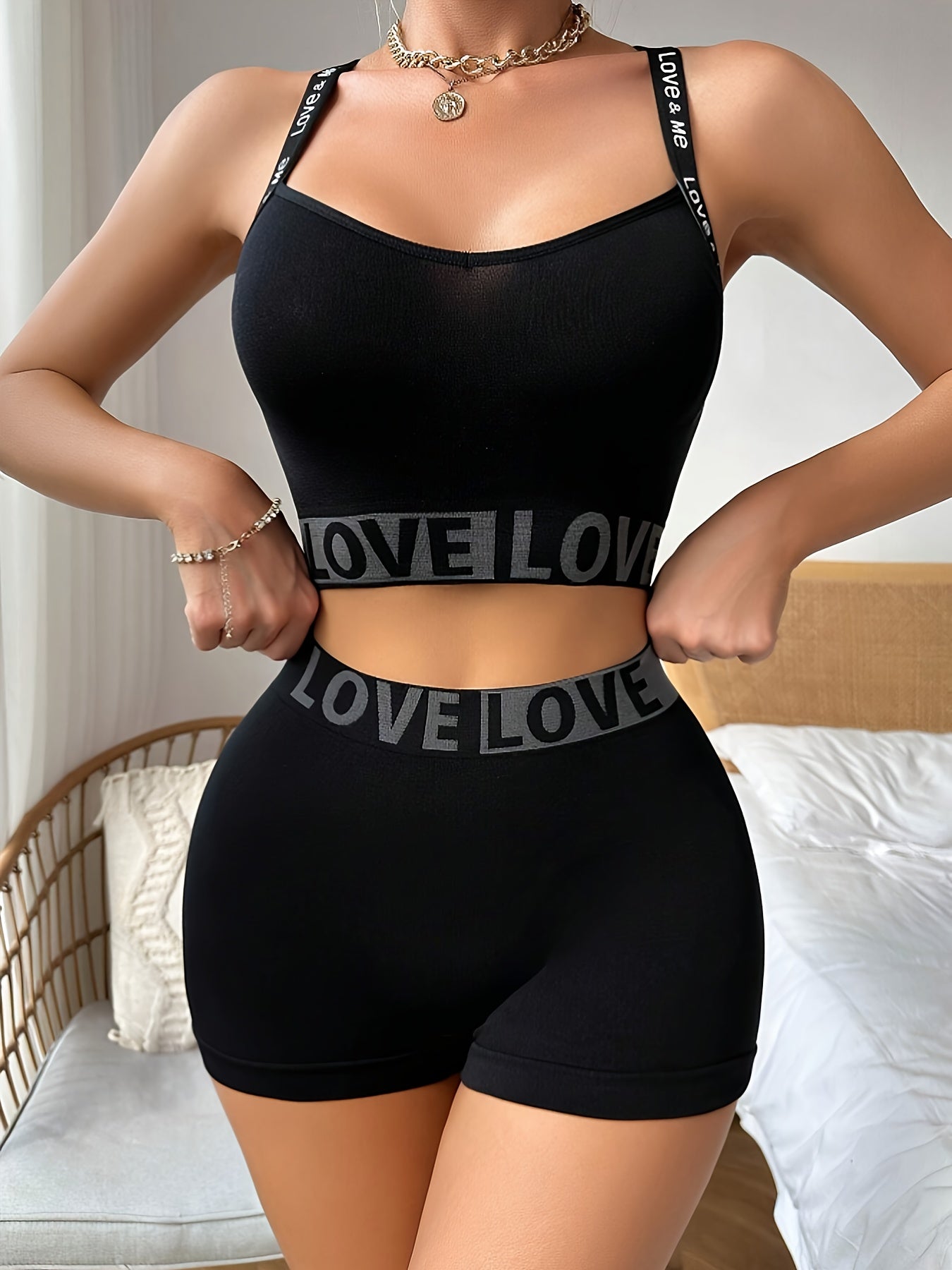 3-teiliges Damen-Set aus hoch taillierten, sexy Love Letter-Shorts und Bralette – No-Cut-Design für Sommer und Herbst