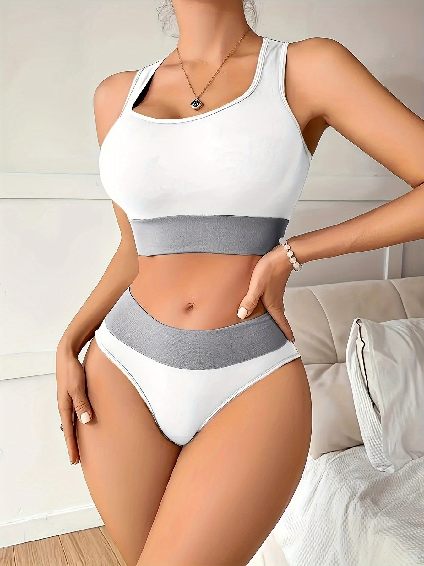 4 Sets Women's Sporty Color Block Seamless Racer Back Tank Bra & Panties - Fitness, Yoga, Everyday Wear