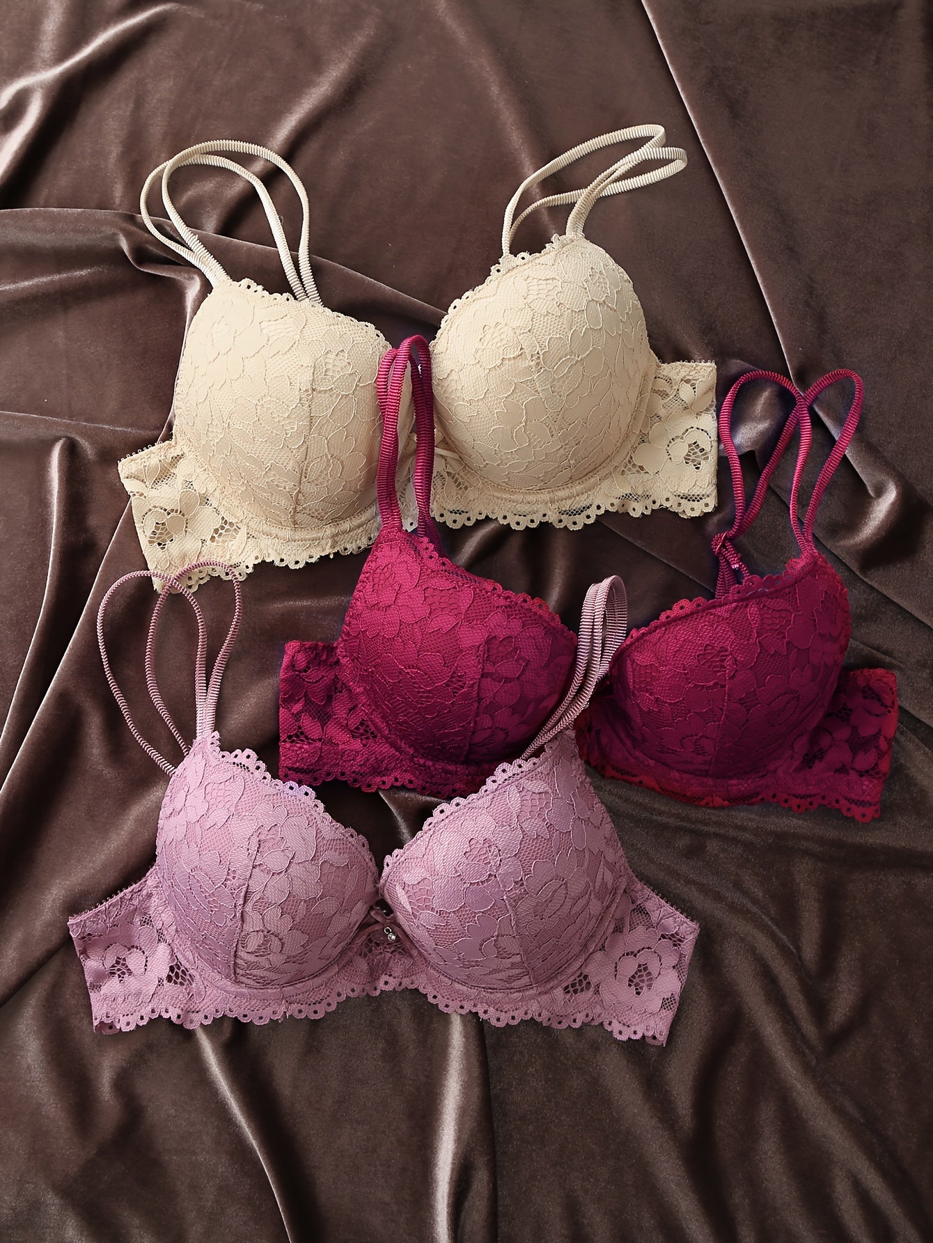 3pcs Comfy Chic Lace Push Up Bras - Women's Lingerie with Breathable Fabric, Soft Padded Cups & Adjustable Straps