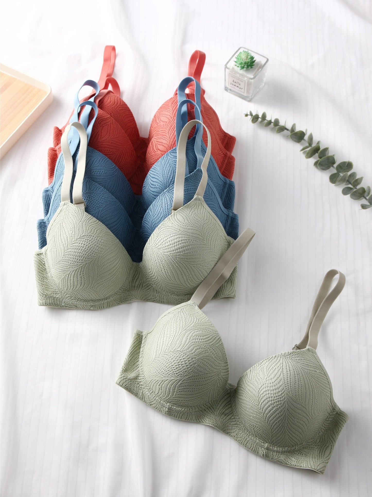 6pcs Solid Jacquard Bra Set - Push Up & Breathable
