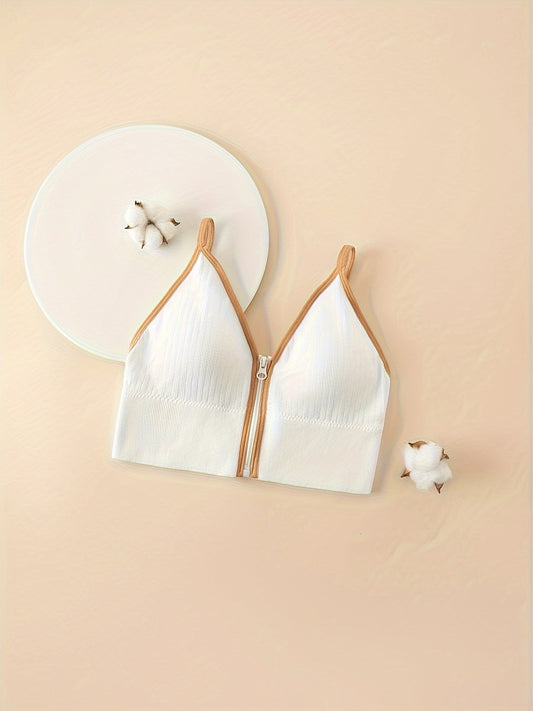 A Girl's Textured Casual Special Front Zipper Design Versatile Bra, Featuring A Stylish V-neck, Easy To Care For, Suitable For Ages 10-16.