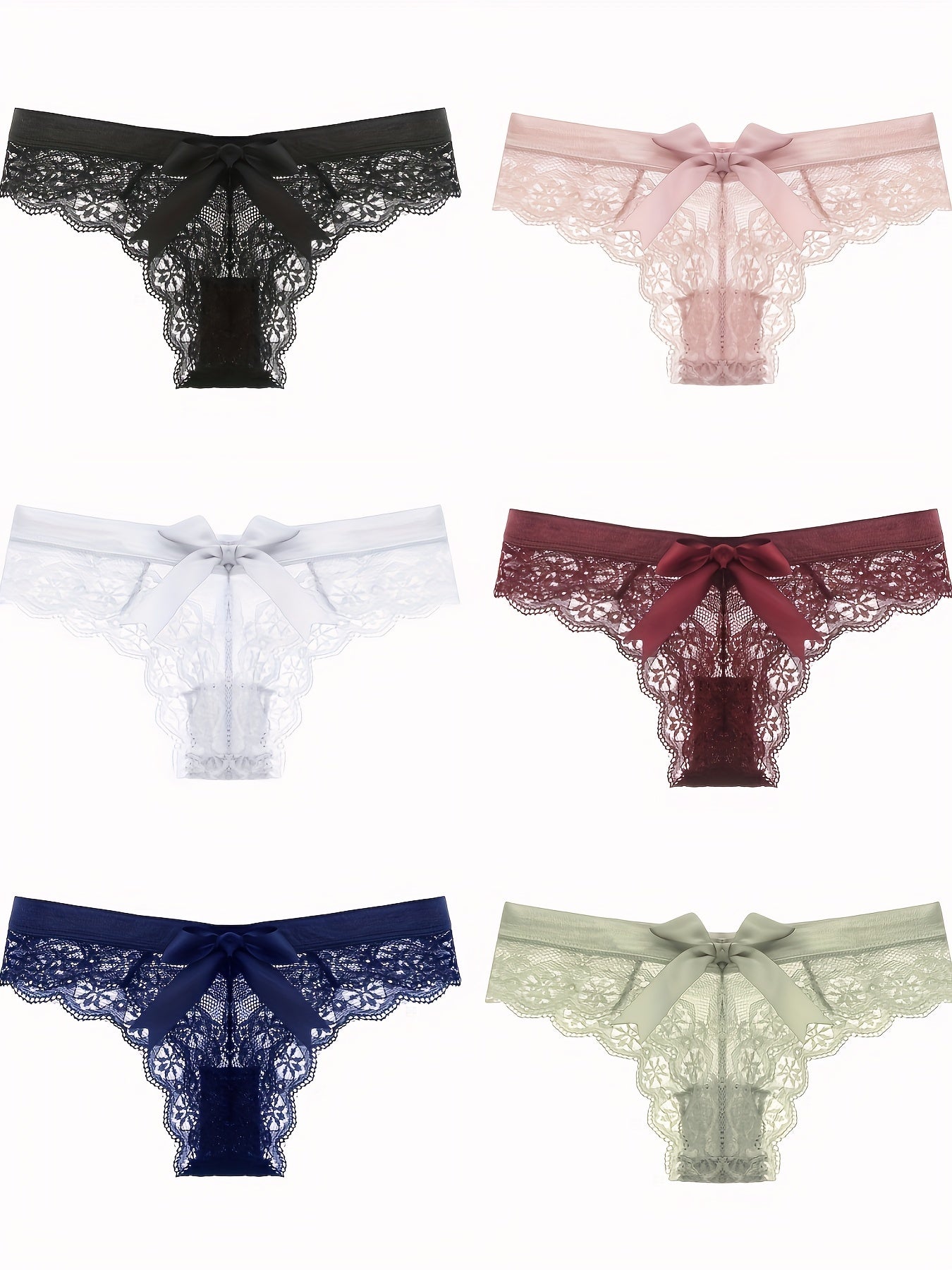 6-teilige Damen-String-Unterwäsche mit floraler Spitze – niedrig sitzender, atmungsaktiver, nahtloser V-String mit Schleifendetail