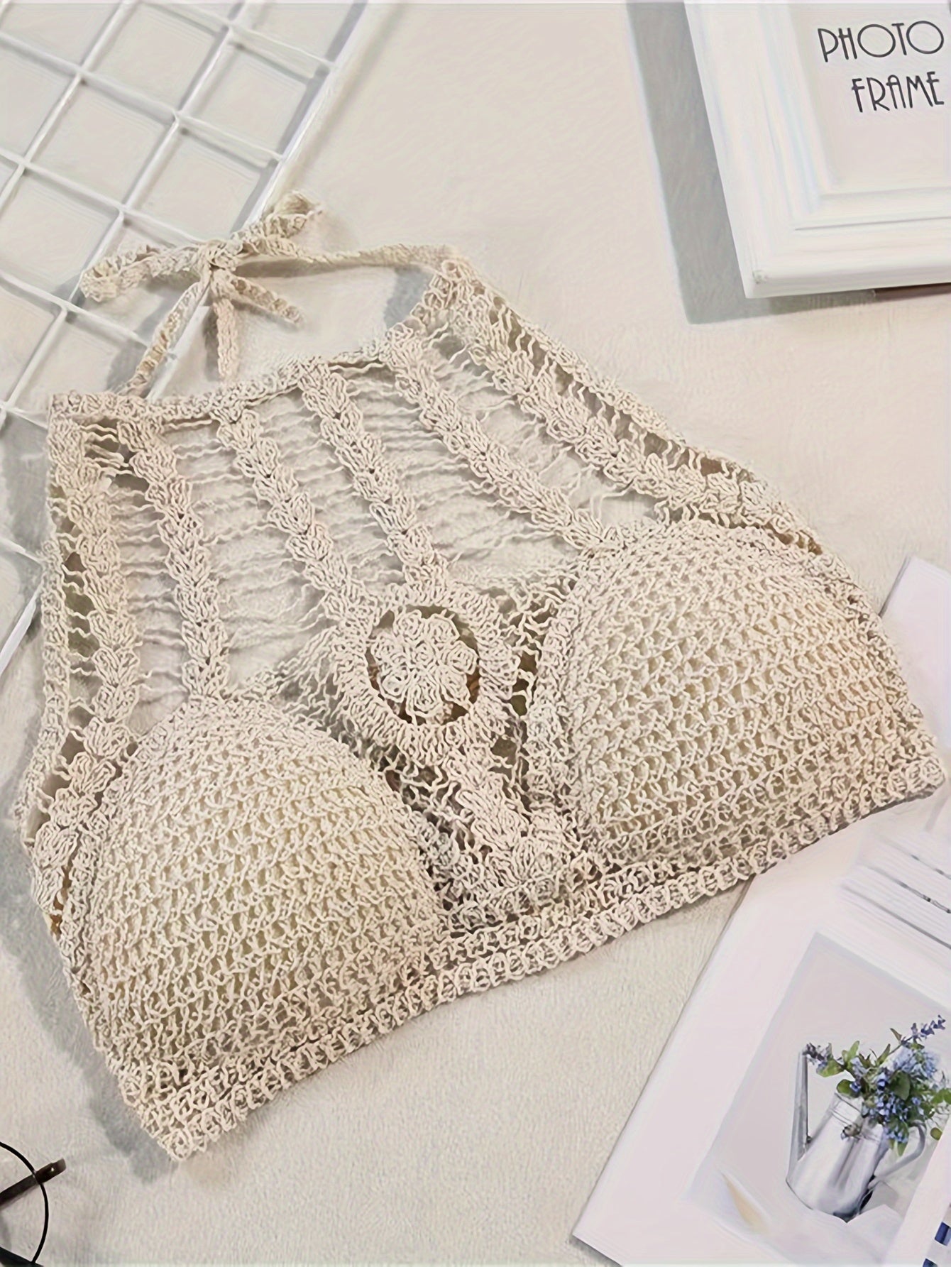 2-teiliges Neckholder-Top mit ausgehöhlten Häkeldetails, rückenfreies Boho-Strandtop mit Polsterung zum Binden, Bademode und Kleidung für Damen