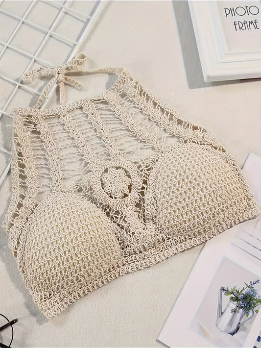 2pc Hollow Out Crochet Halter Tops, Tie Neck Backless Boho Paddings Beachwear Top, Women's Swimwear & Clothing