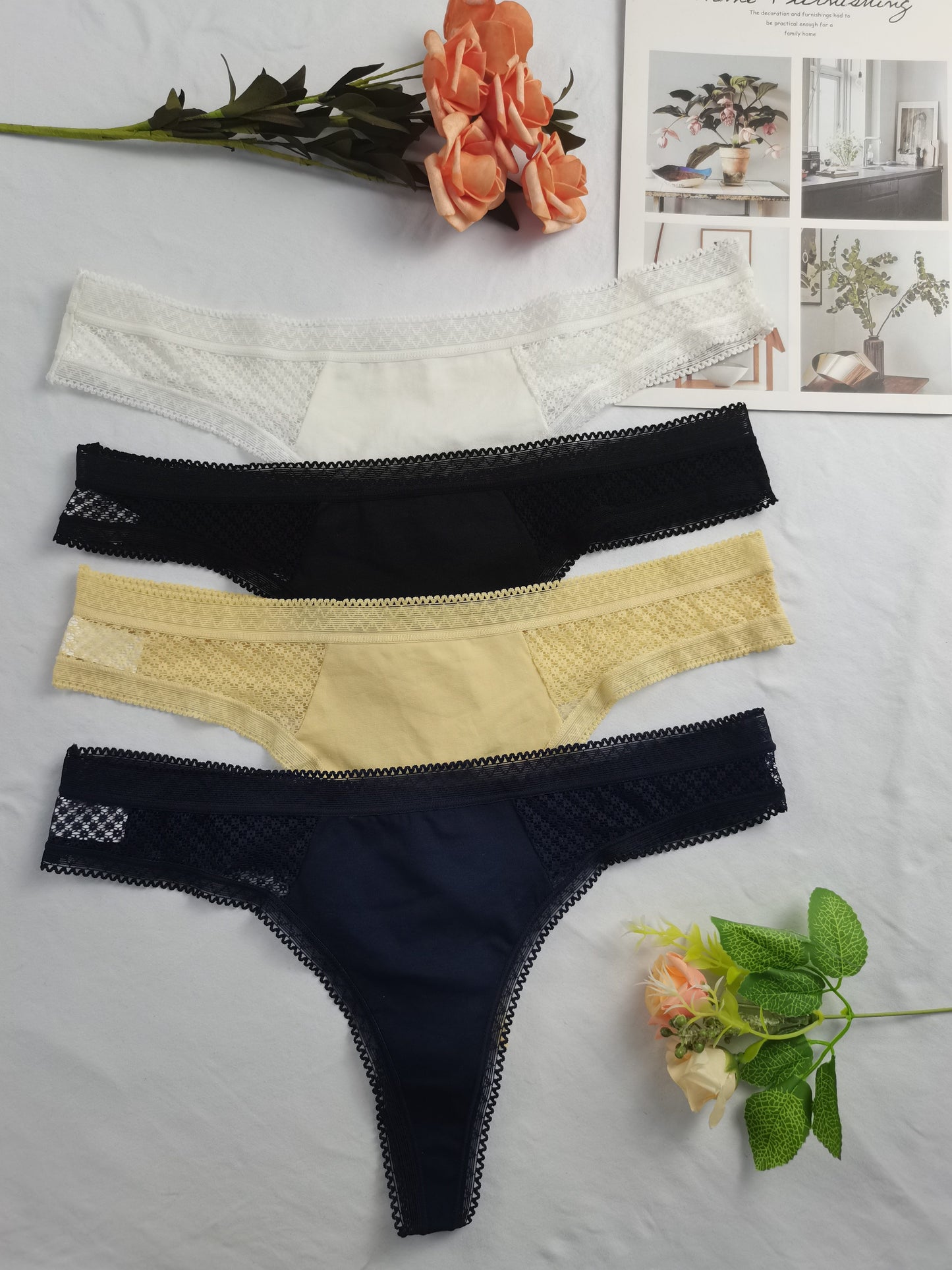 Sexy Tangas für Damen, 4-teilig, mit Spitzenbesatz und niedriger Taille