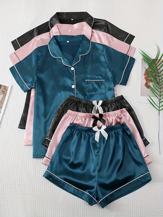 3 Sets Satin Pajamas Set, Short Sleeve Lapel Buttons Top & Bow Shorts, Women's Sleepwear & Loungewear