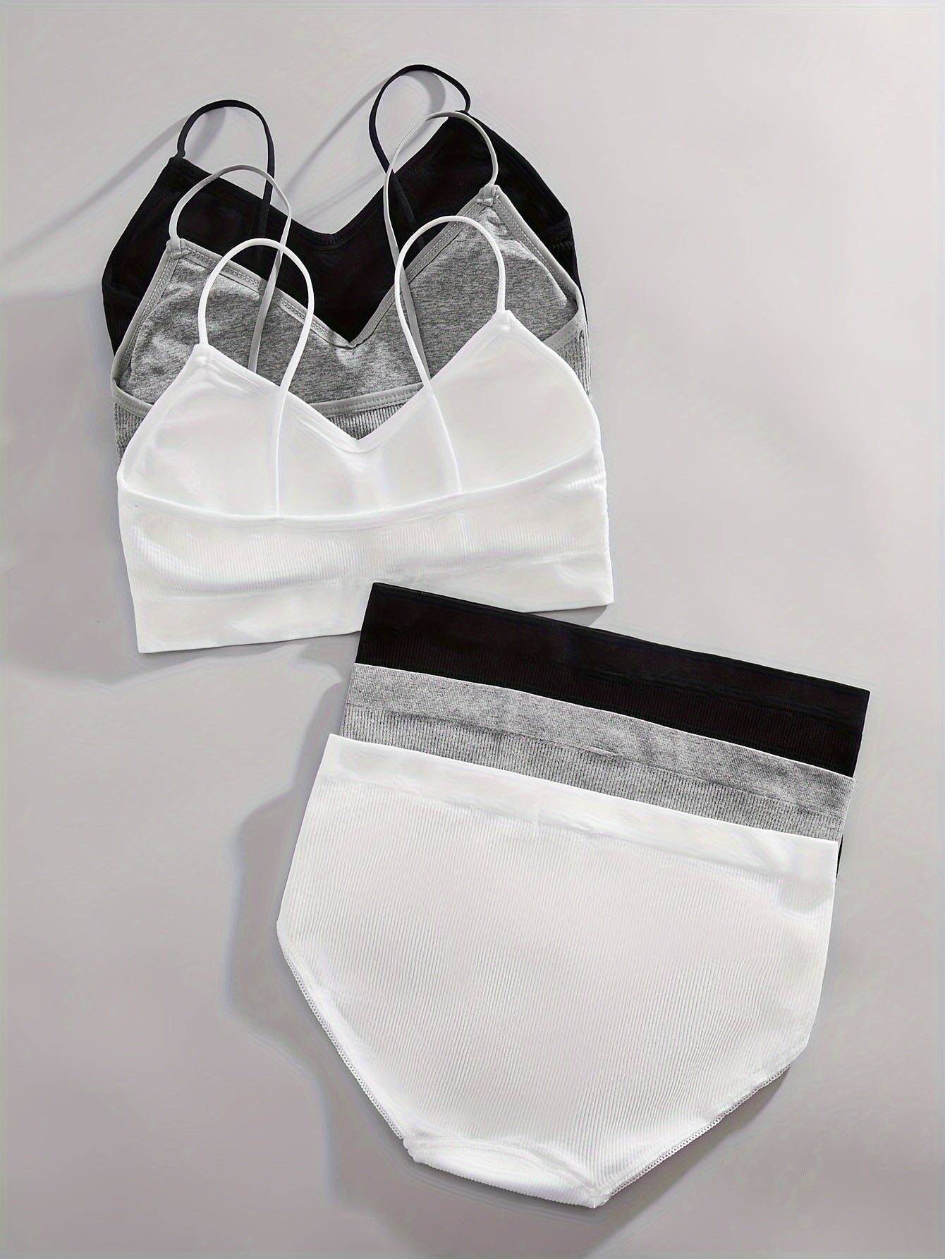 3 Sets Women's Solid Ribbed Push Up Bra & Elastic Panties Lingerie Underwear Set