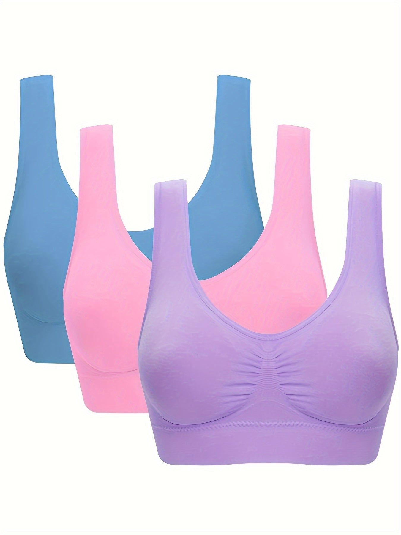 3Pcs Women's Seamless Wireless Solid Color Sports Bra Set - Comfy Round Neck & Sporty Design