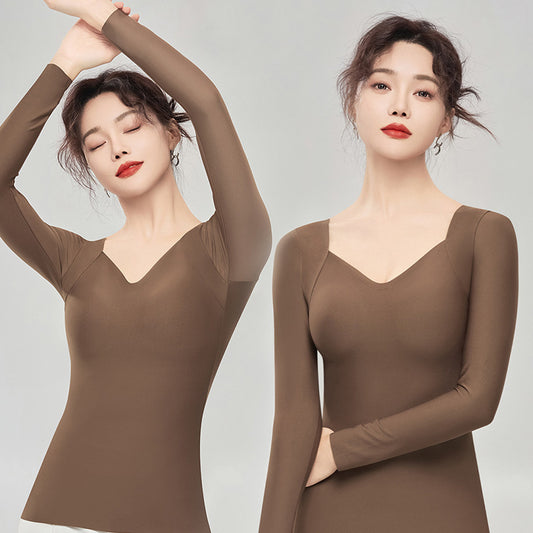 Women's Seamless Skin-Tone Thermal Top with Built-in Bra, Ultra-Thin Low Round Neck