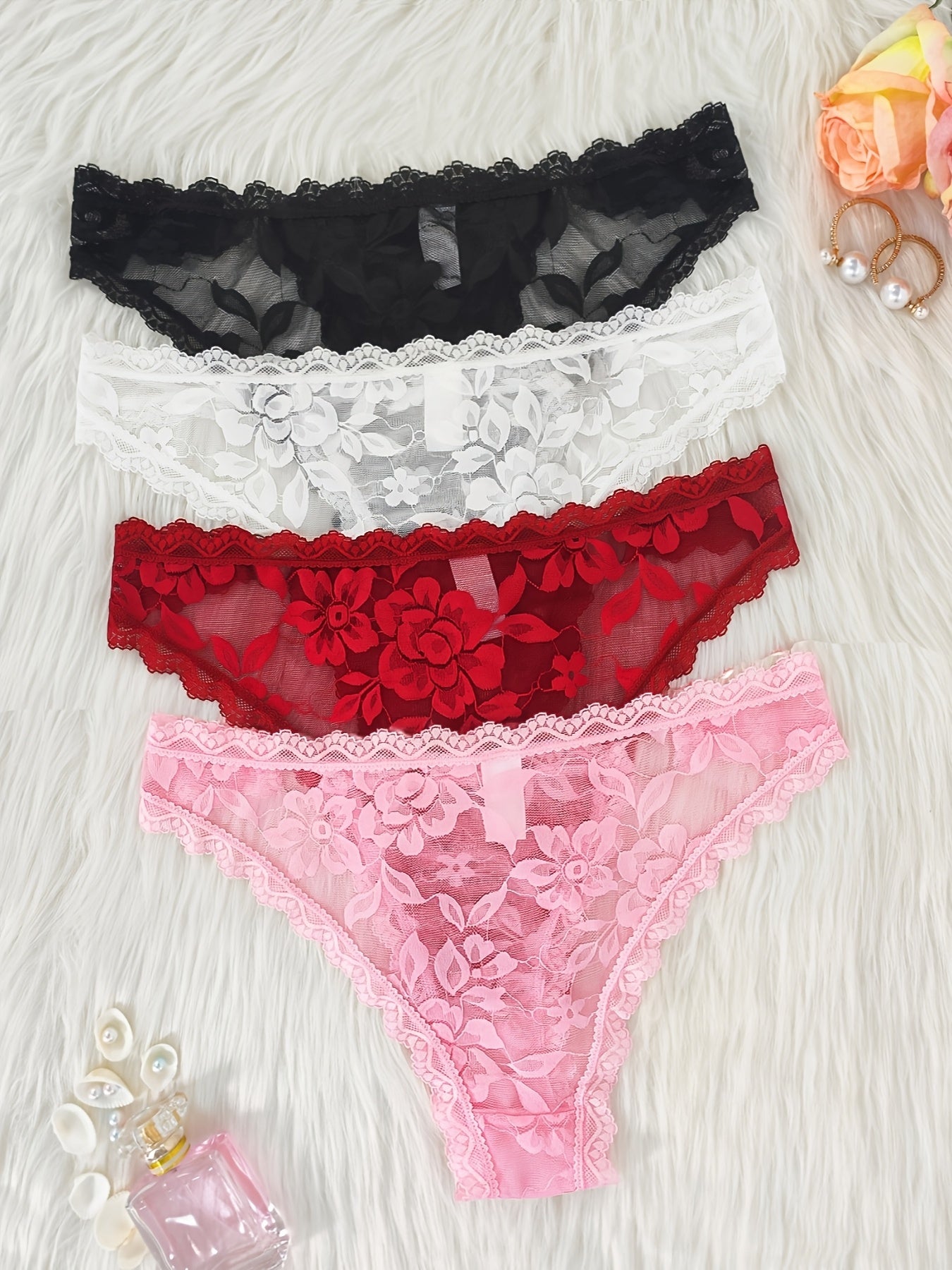 4-Pack Women's Sexy Lace Thongs: Heart Design, Low-Waist, Breathable