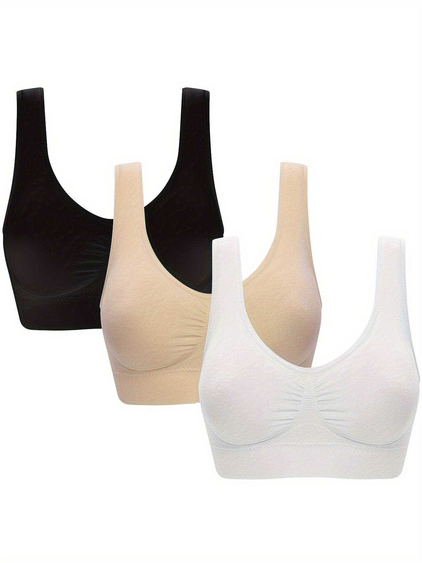 3Pcs Women's Seamless Wireless Solid Color Sports Bra Set - Comfy Round Neck & Sporty Design