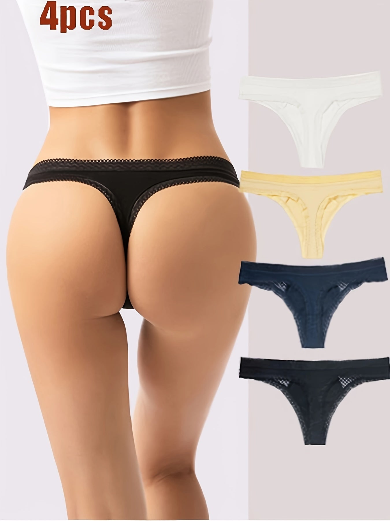 Sexy Tangas für Damen, 4-teilig, mit Spitzenbesatz und niedriger Taille
