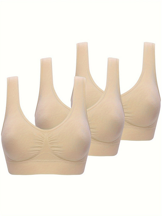 3Pcs Women's Seamless Wireless Solid Color Sports Bra Set - Comfy Round Neck & Sporty Design