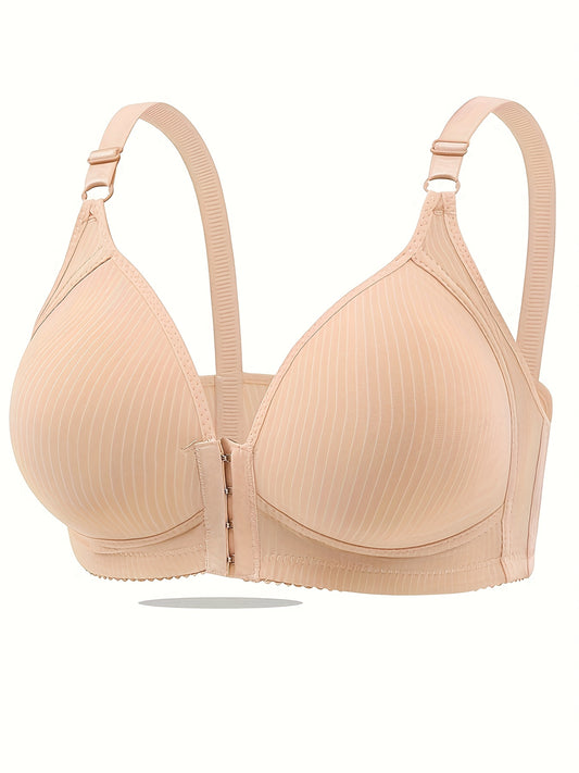 5pcs Women's Front Button Push-Up Bras: Seamless Striped, Medium Support & Plus Size