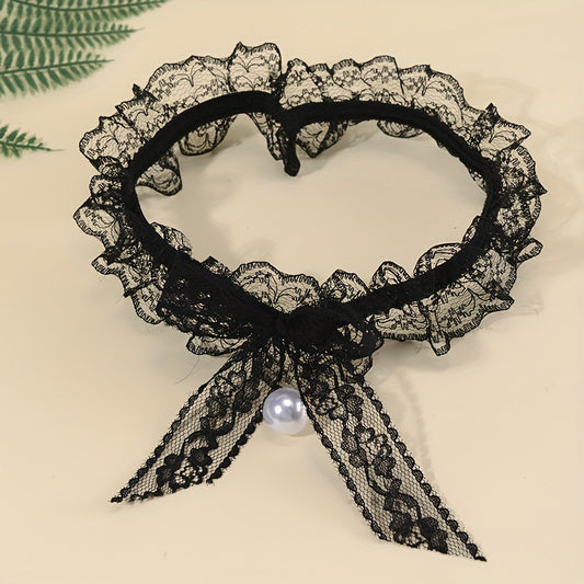 Elegant Black Lace Elastic Garter With Bowknot - Bridal Thigh Chain, Polyester Fashion Accessory For Women