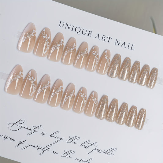 24 - Piece Mixed Color Short Drop - Shape Press - On Nails with Plant Pattern, Strobe Finish, and Fairy Glitter Design, Kit with Jelly Glue & Nail File