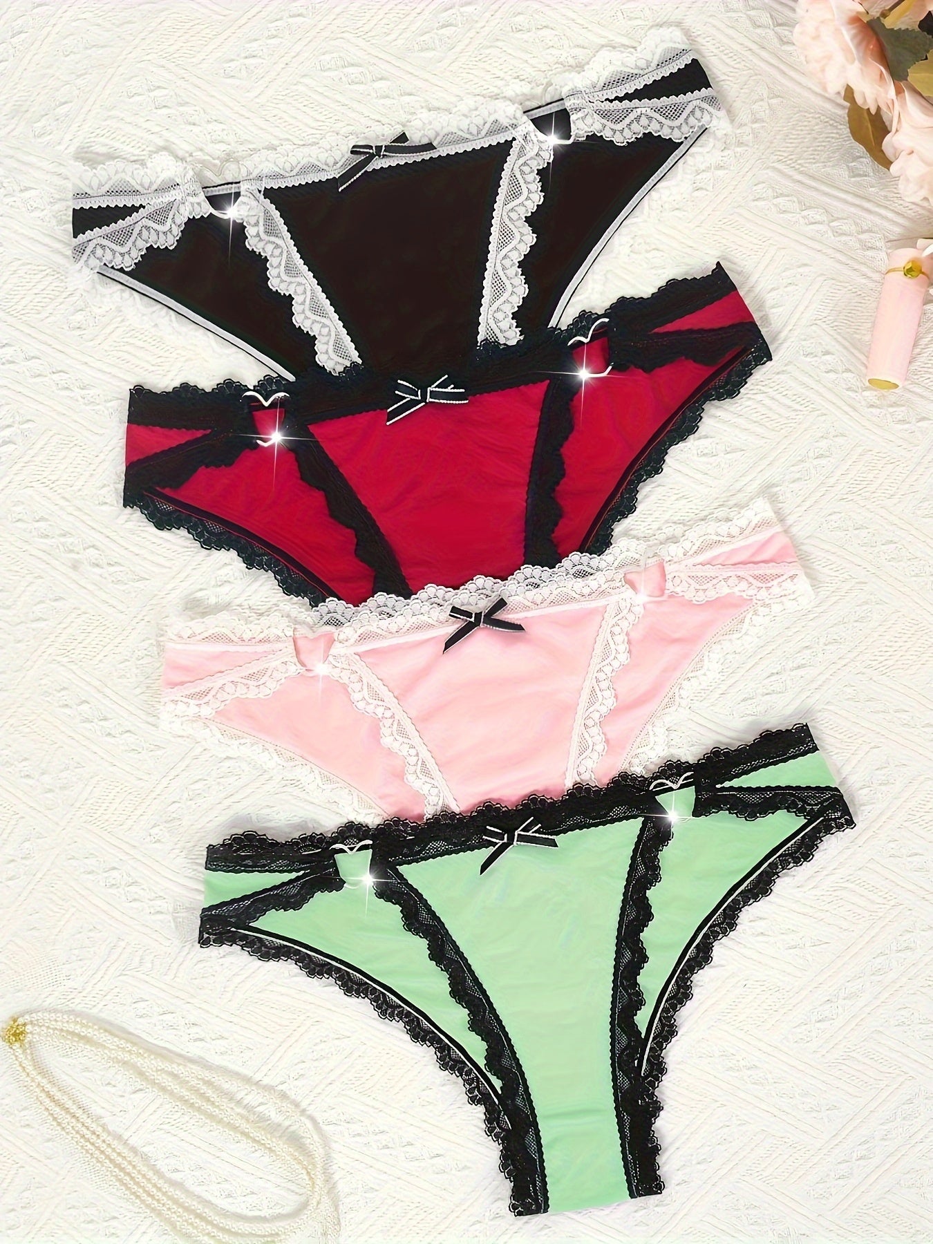 4-Pack Women's Lace Bow Briefs: Heart Design Low Waist Underwear
