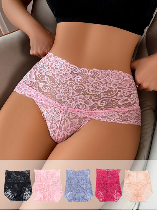 5pcs Sexy High Waisted Lace Underwear - Fully Wrapped Hip, Top Support, Seamless Hollow Design