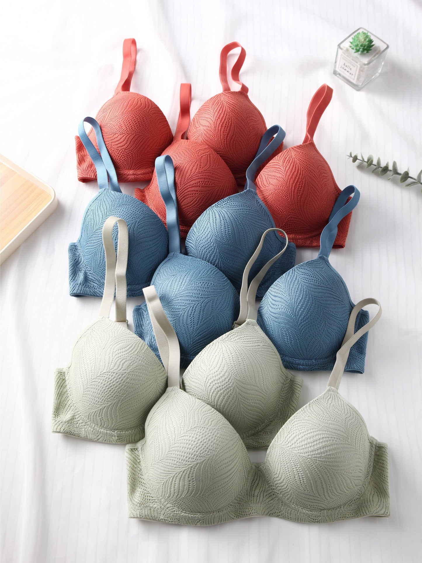 6pcs Solid Jacquard Bra Set - Push Up & Breathable