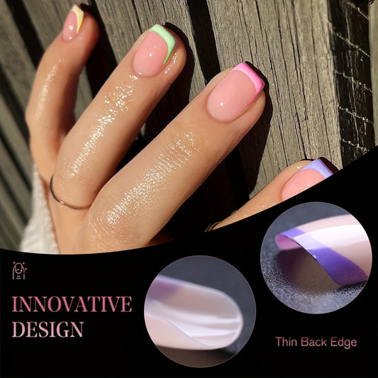 240pcs French Tip Square Fake Nails - Mixed Color Pink Gradient, Glossy Finish for DIY Manicure