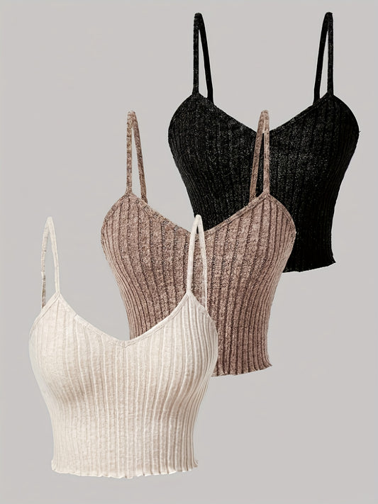 3-Pack Lettuce Trim Solid Color Non-Sheer High-Stretch Knit Cami Tops for Women Summer-Fall