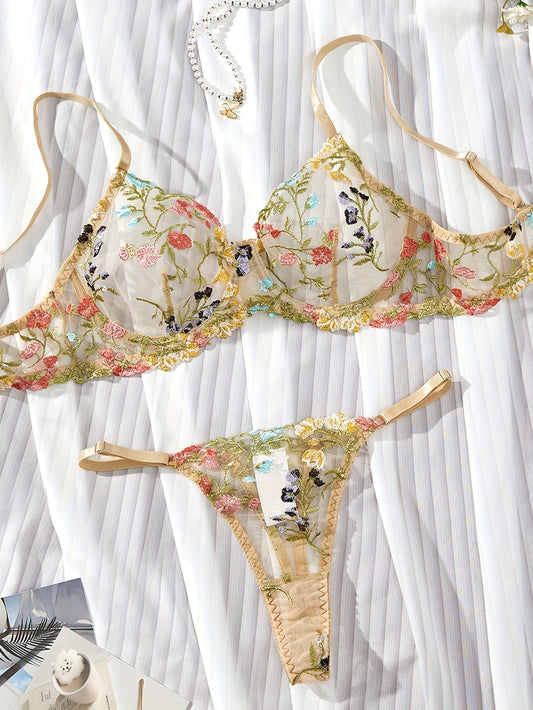 Floral Embroidery Lingerie Set - Sexy Sheer Unlined Bra & Mesh Thong for Women