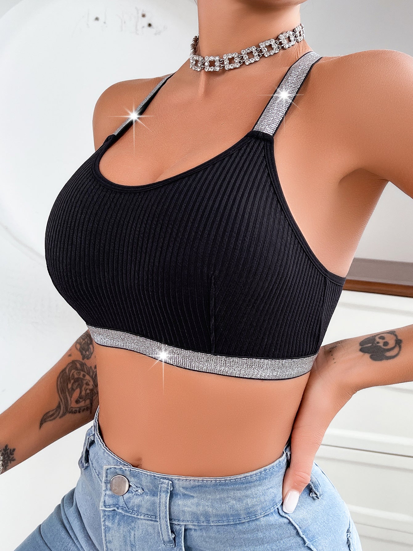 Women's Y-Back Push-Up Bra: Side Support, Outerwear Style with Silver Ribbon