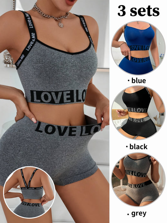 3-Piece Women's High-Waisted Sexy Love Letter Shorts & Bralette Set - No-Cut Design for Summer & Fall