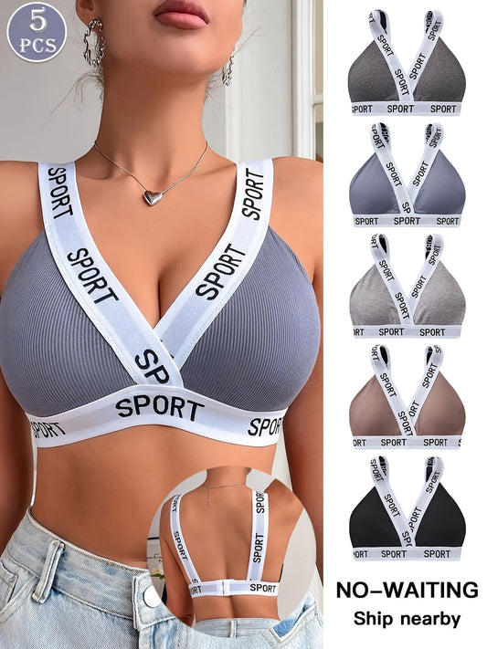 [5pcs Wireless Sports Bras] 5pcs Comfortable Wireless Sports Bras - Ribbed Knit, Contrast "SPORT" Print, Bralette Style, No-Waiting Design, Assorted Colors (Gray, Black, White, Beige, Blue) | Athletic Wear Bras | Functional Fashion
