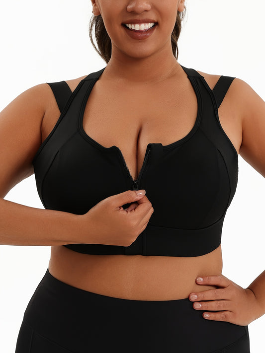 Sujetador deportivo de talla grande para mujer: cremallera frontal, sujeción alta, transpirable para baloncesto, yoga y más.