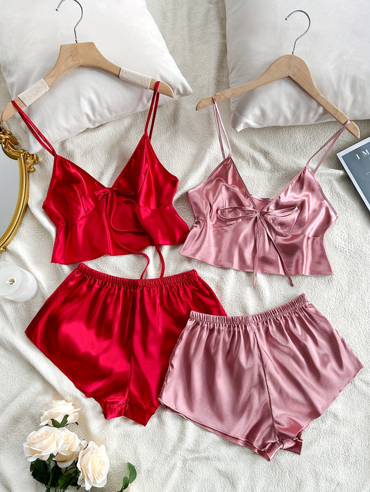 Stylish V-Neck Lace-Up Crop Top & Shorts Pajama Set - 4 Pcs Sleepwear for Women, Soft Polyester, Solid Color