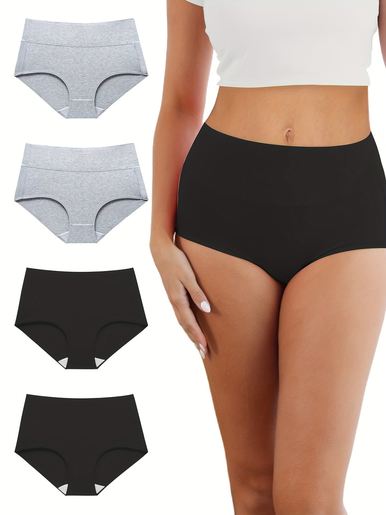 4-teiliges Damen-Höschenset in Übergröße – einfarbig, elastischer Bund, hohe Taille und atmungsaktive Unterwäsche