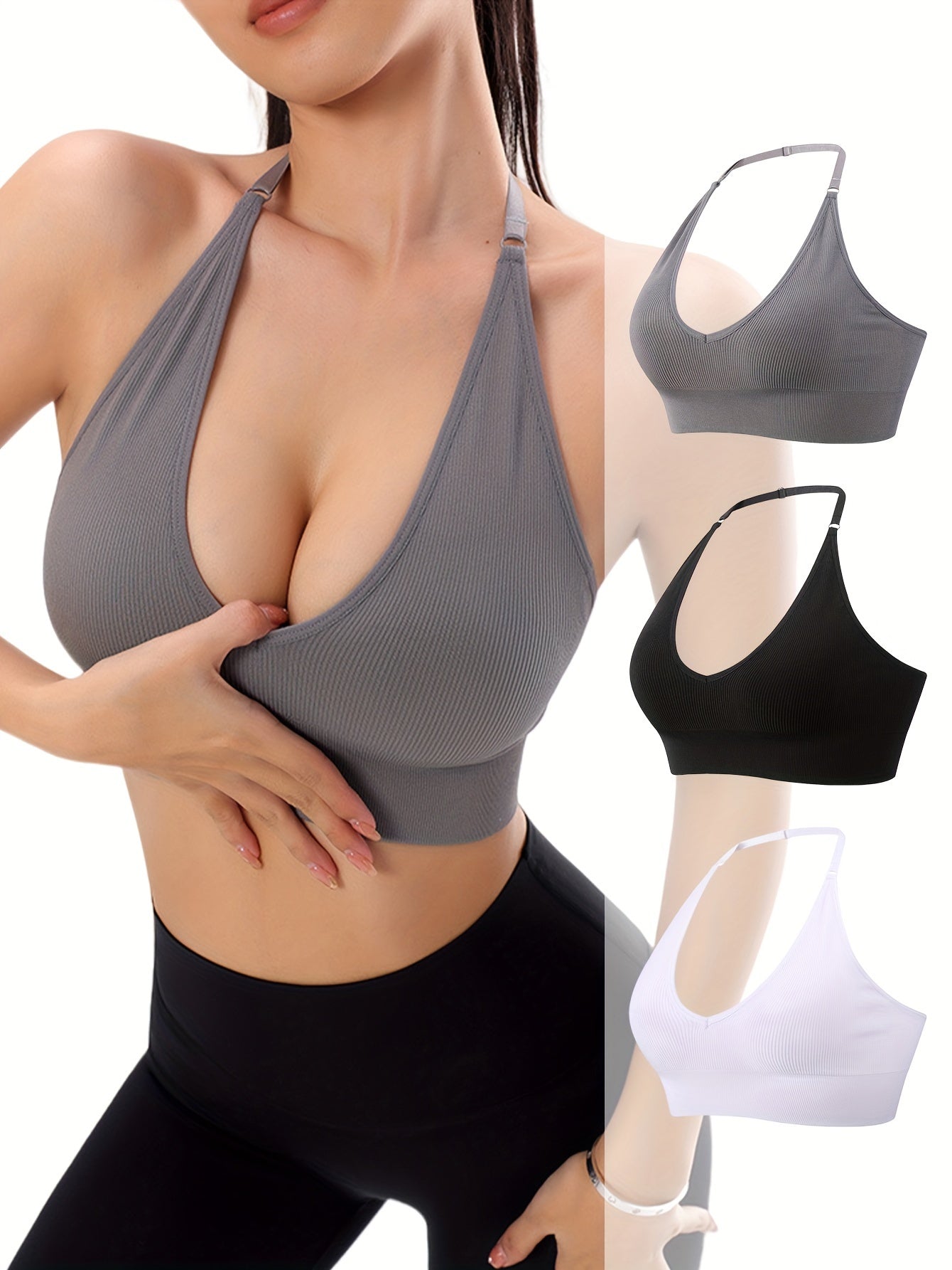 3pcs Women's Adjustable Halter Neck Sports Bra - Deep V-neck, Ribbed, Stretch Fit for Yoga & Fitness