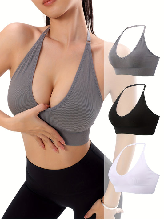 3pcs Women's Adjustable Halter Neck Sports Bra - Deep V-neck, Ribbed, Stretch Fit for Yoga & Fitness