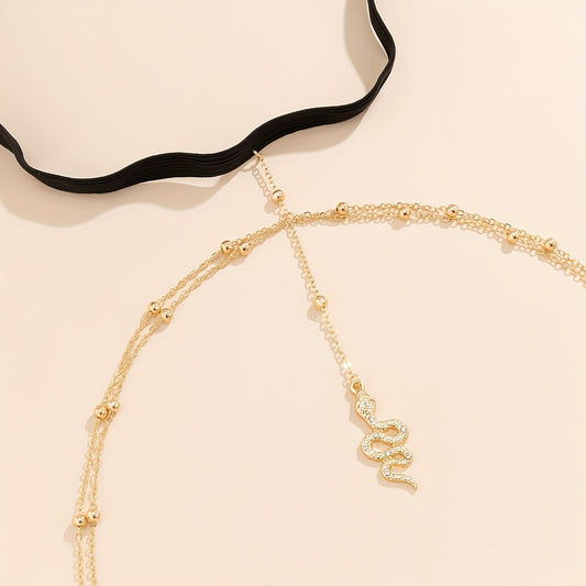 Stylish Sexy Golden Snake-shaped Pendant Body Chain with Tassels, Copper Beads & Elastic Leg Chain