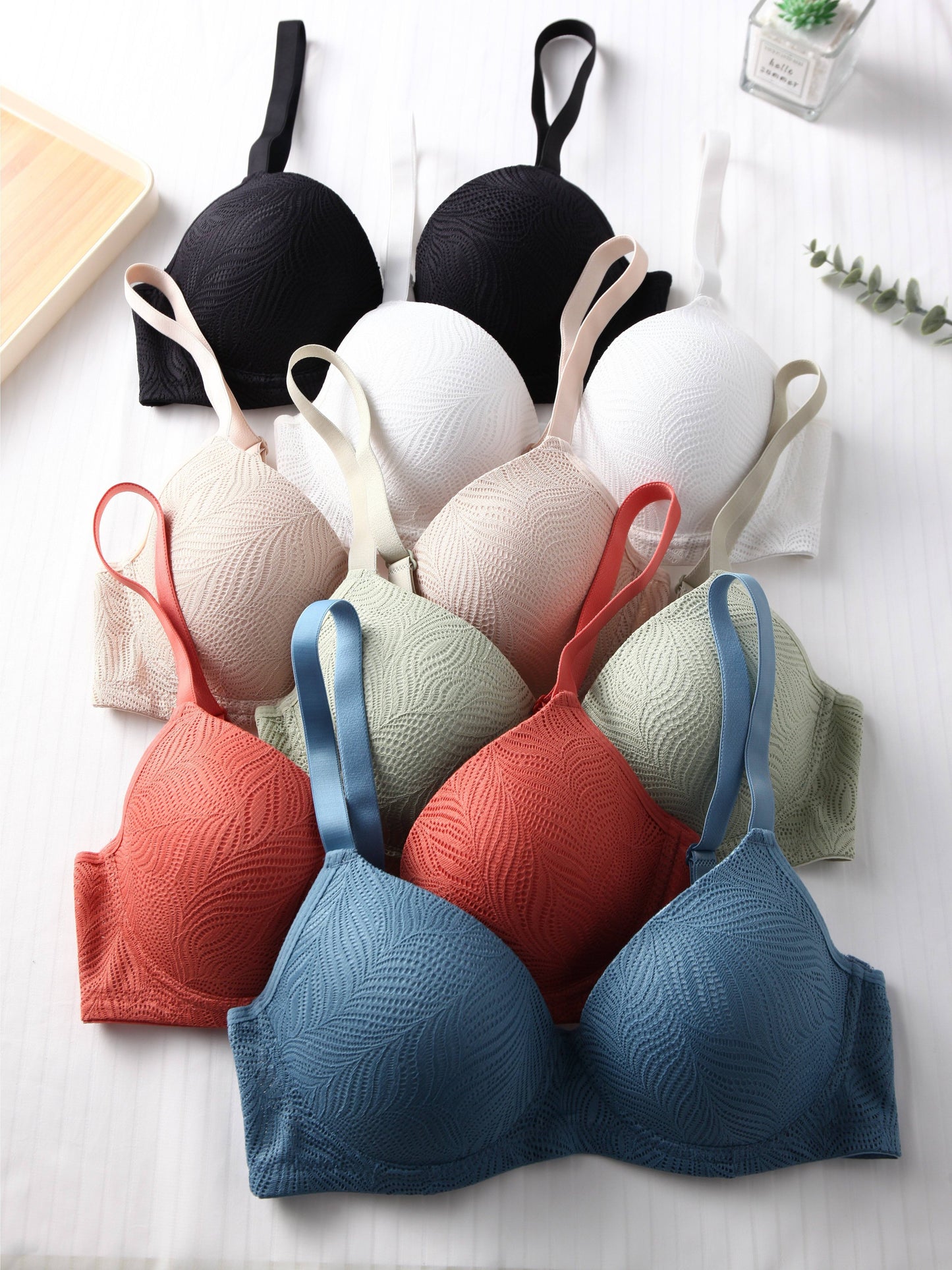 6pcs Solid Jacquard Bra Set - Push Up & Breathable