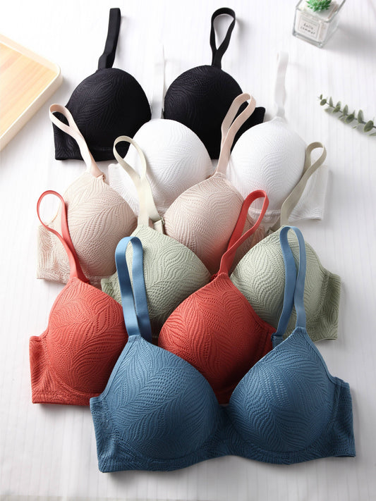 6pcs Solid Jacquard Bra Set - Push Up & Breathable