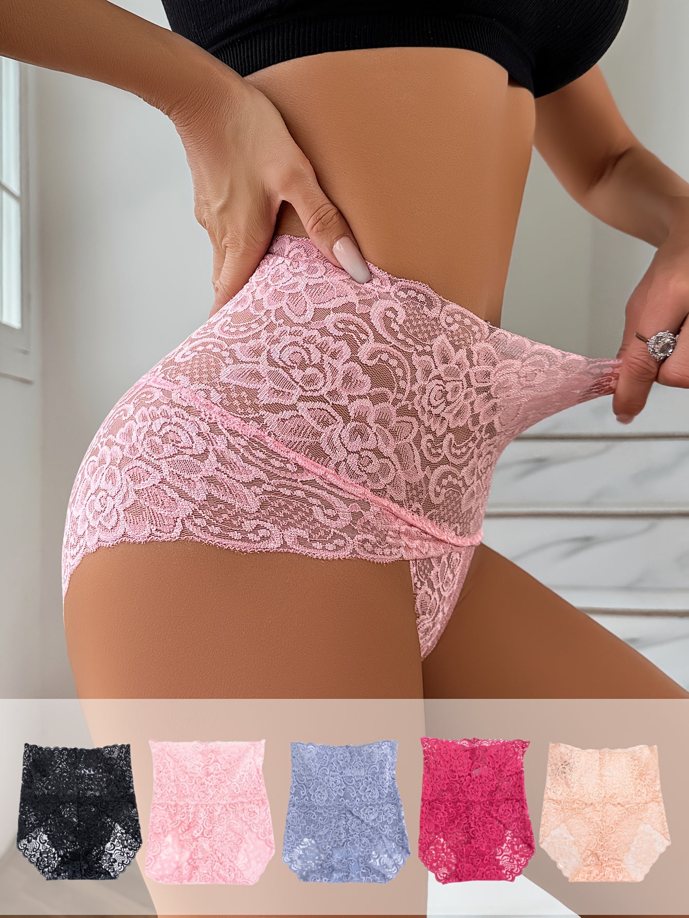 5pcs Sexy High Waisted Lace Underwear - Fully Wrapped Hip, Top Support, Seamless Hollow Design