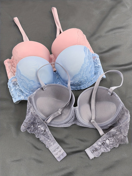 3pcs Push Up Lace Balconette Bra - Anti-Sagging, Everyday Lingerie for Women