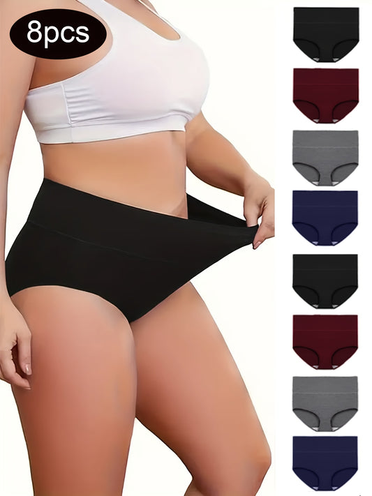8pcs Plus Size Solid Color Comfortable, Elastic, Soft & Breathable Underwear