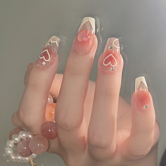 Heart-Shaped Blush Love Press On Nails - Medium Length, Full Cover, Ideal for Women & Girls