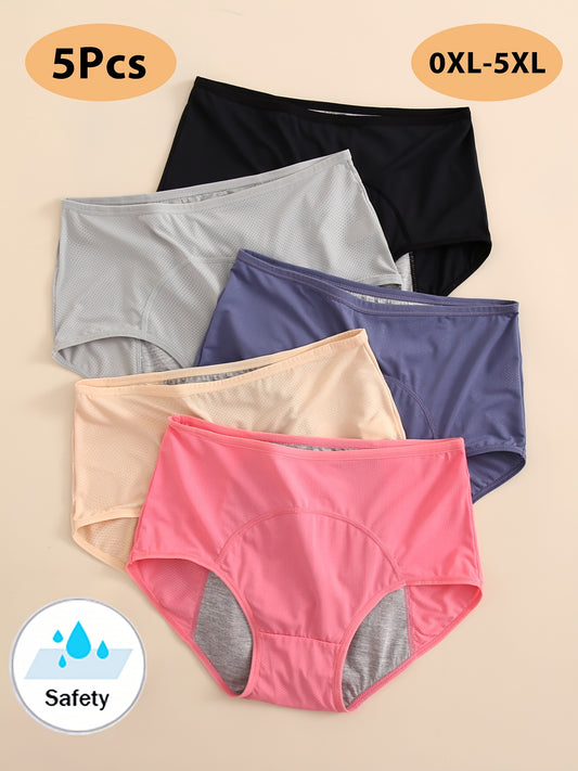 5pcs Leakproof High-Waisted Panties - Women's Elegant Period Underwear, 0XL-5XL, Breathable Mesh